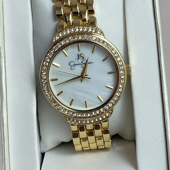 Jessica Simpson Crystal Accented Woman's Watch JW0002GD Gold Pearl 35mm NEW READ - Picture 2 of 9